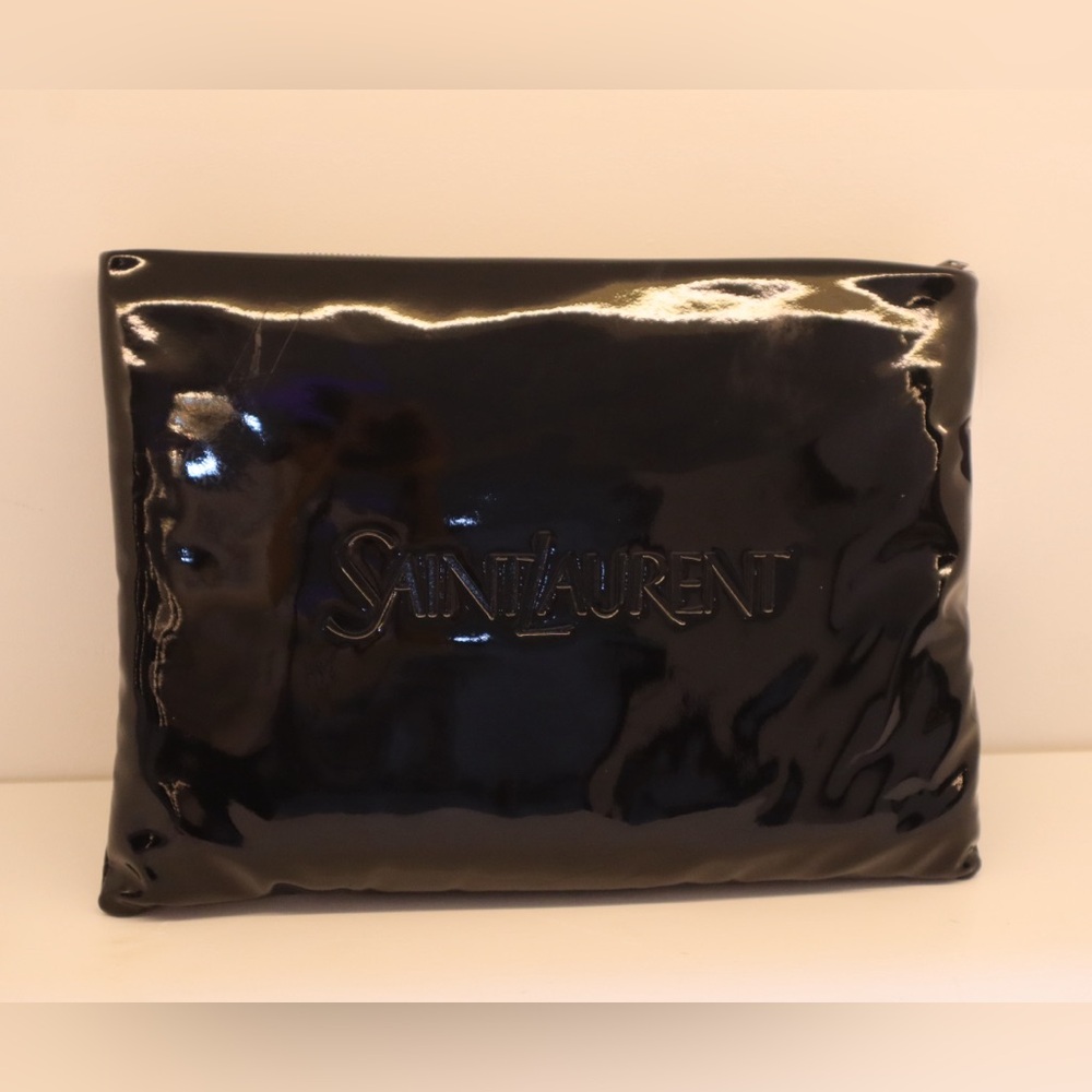 Saint Laurent Small Puffy Pouch clutch bag in black patent faux leather